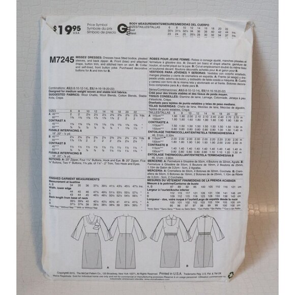 Vintage McCall's M7245 Sewing Pattern Misses Dress Pleated Sleeves Fitted Bodice - Picture 2 of 4